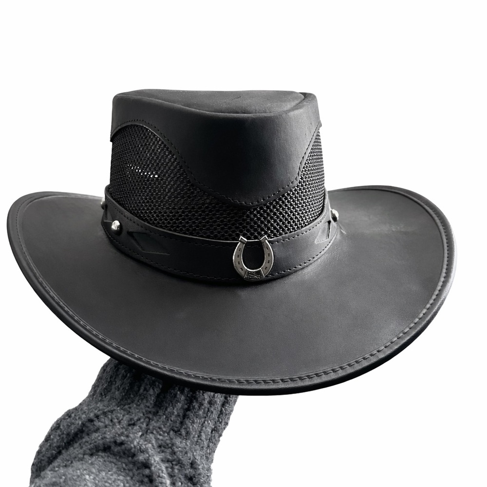 Stylish black leather western-style hat by California Hats Co.